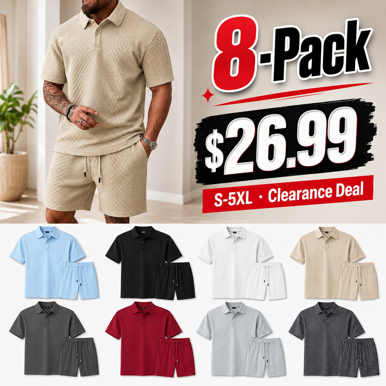 Men's Solid Polo Shirt & Drawstring Waist Shorts Set (8-Pack）