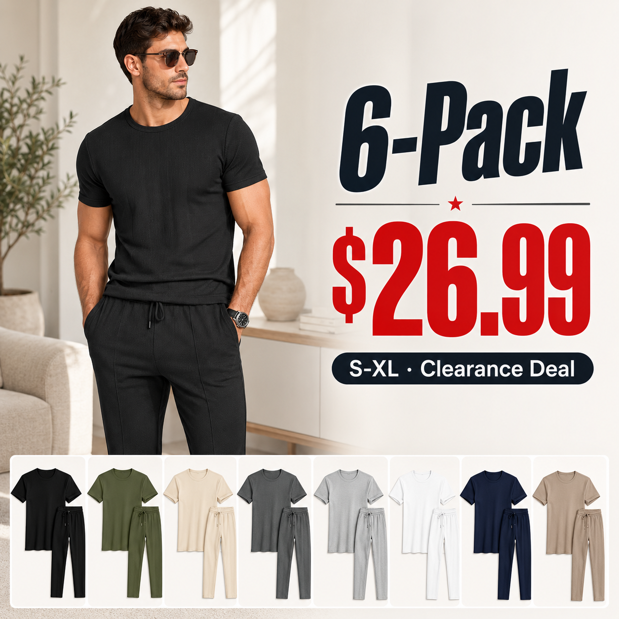 Men's Casual Solid Color Two-Piece Set - Comfortable & Stylish 6 Pack