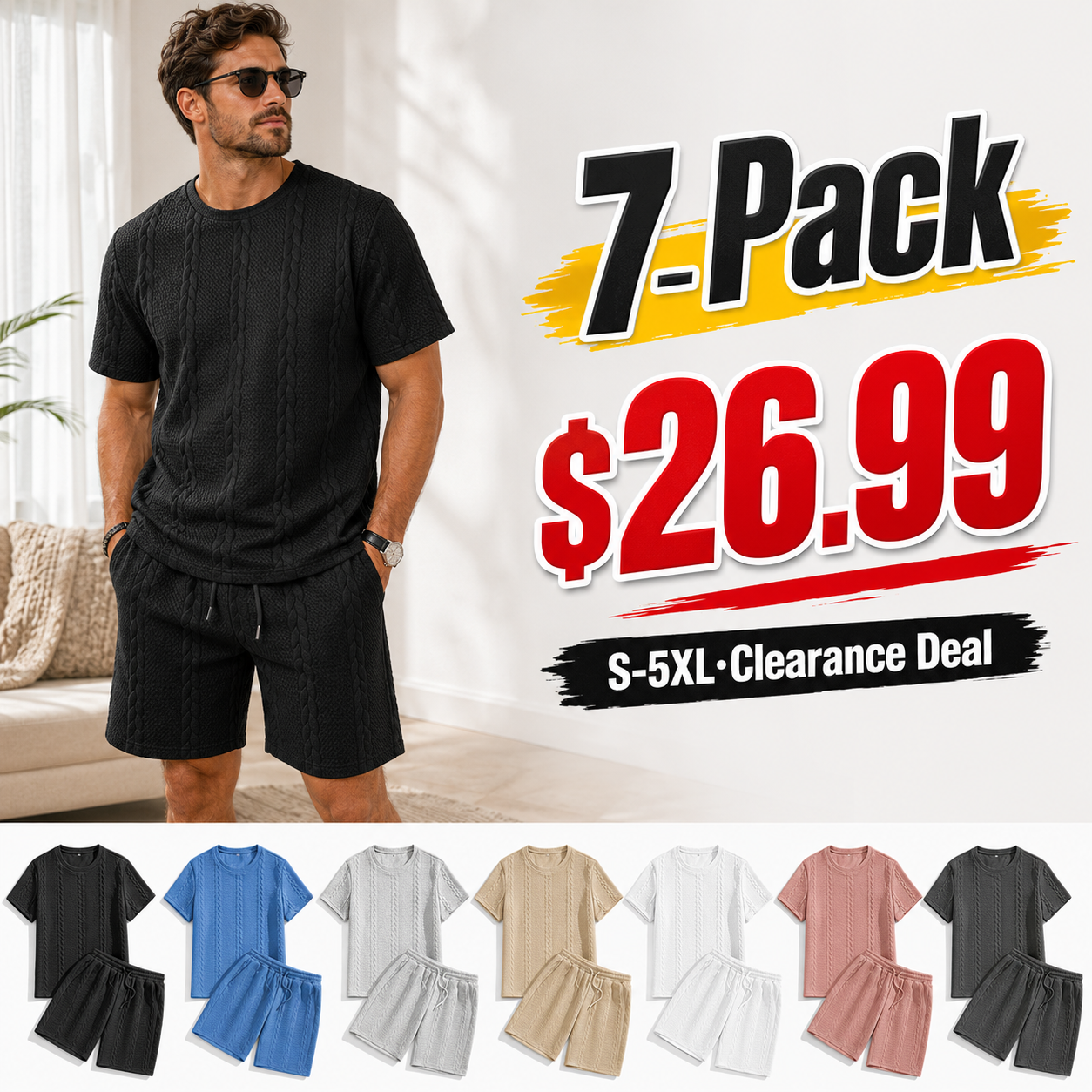 Limited Deal Men's Textured Tee & Drawstring Shorts Set, Lightweight 2-Piece Summer Outfit