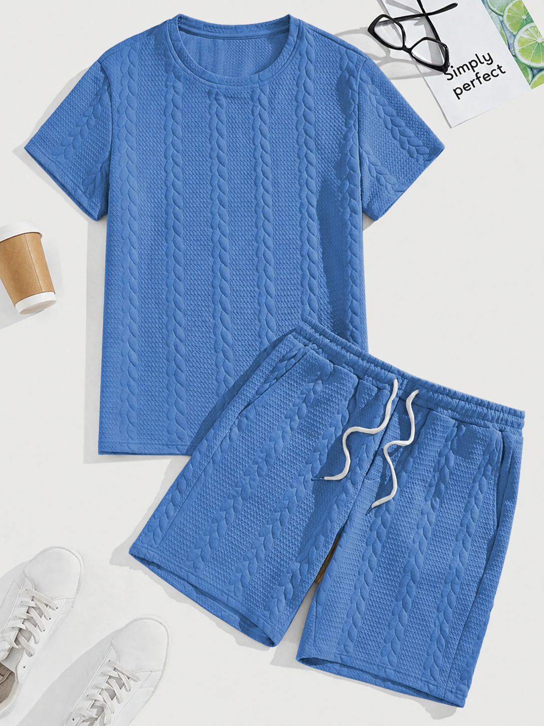 Limited Deal Men's Textured Tee & Drawstring Shorts Set, Lightweight 2-Piece Summer Outfit