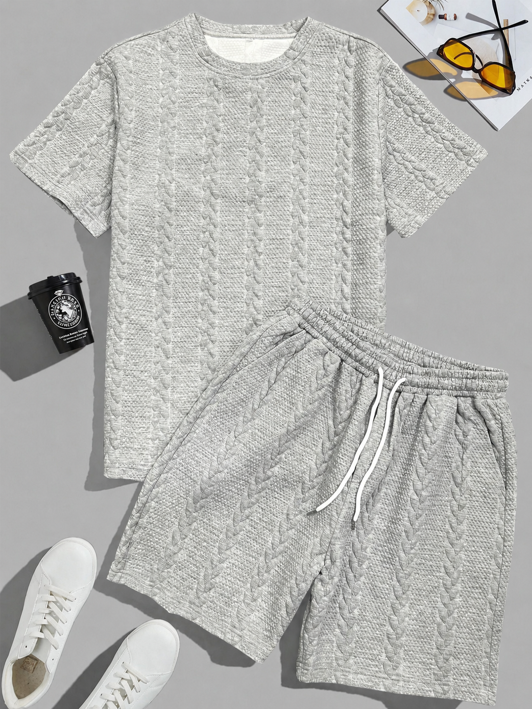 Limited Deal Men's Textured Tee & Drawstring Shorts Set, Lightweight 2-Piece Summer Outfit