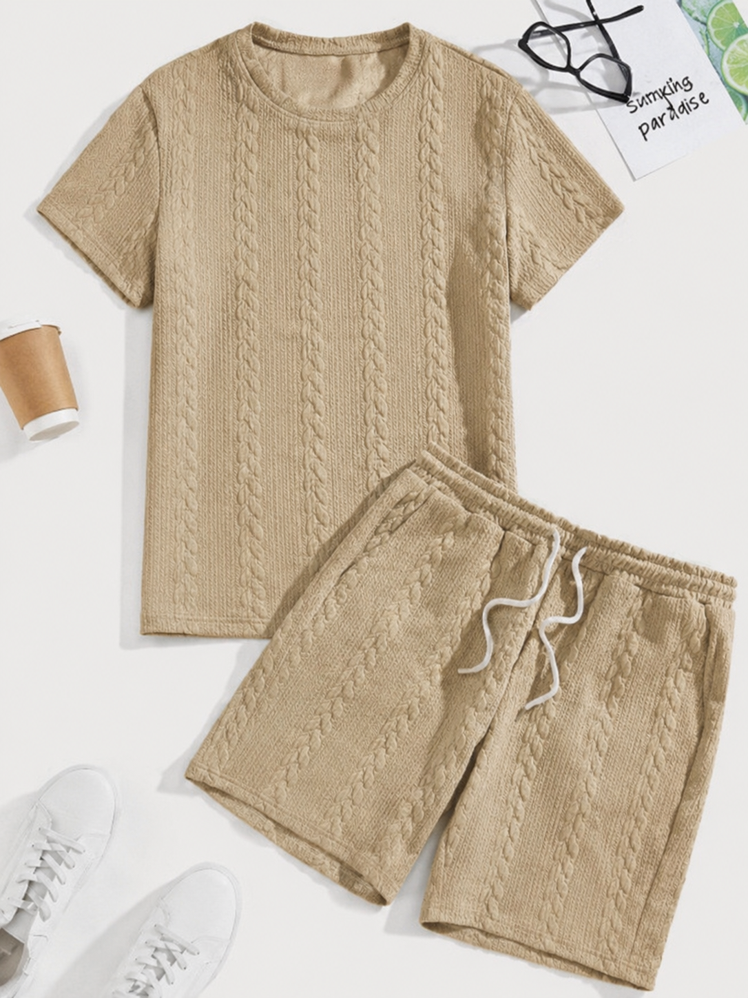 Limited Deal Men's Textured Tee & Drawstring Shorts Set, Lightweight 2-Piece Summer Outfit