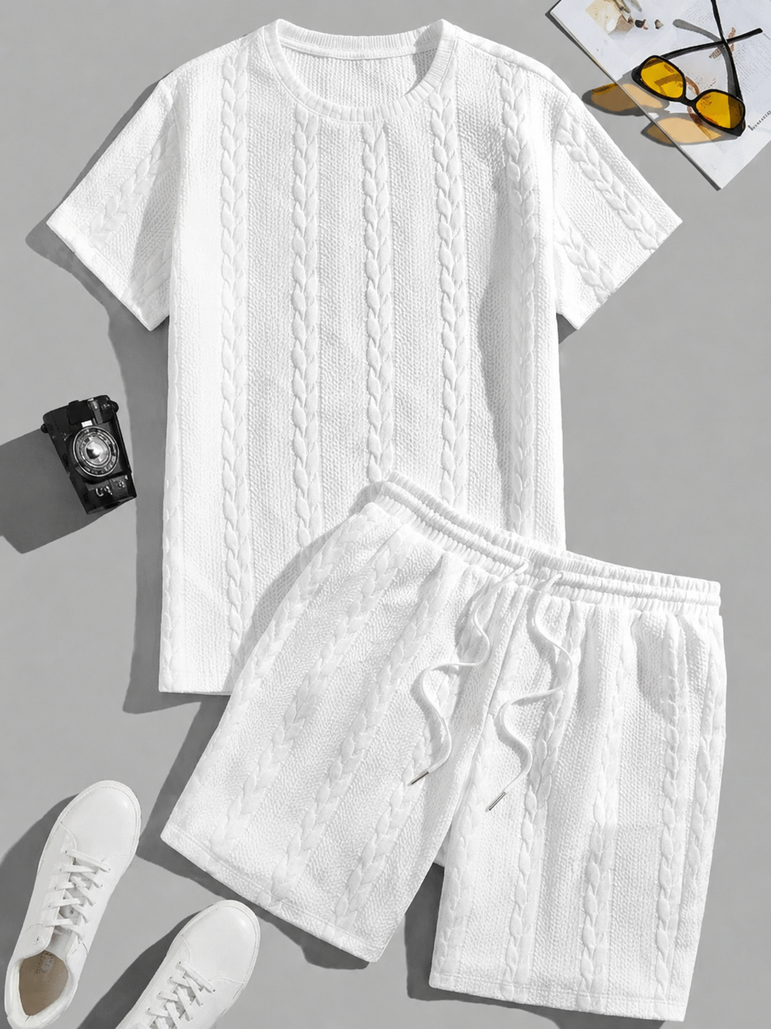Limited Deal Men's Textured Tee & Drawstring Shorts Set, Lightweight 2-Piece Summer Outfit