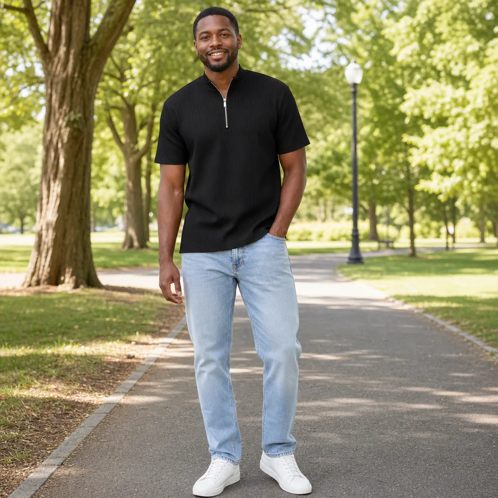 Men's Short Sleeve Zip Mock Neck Knit Top