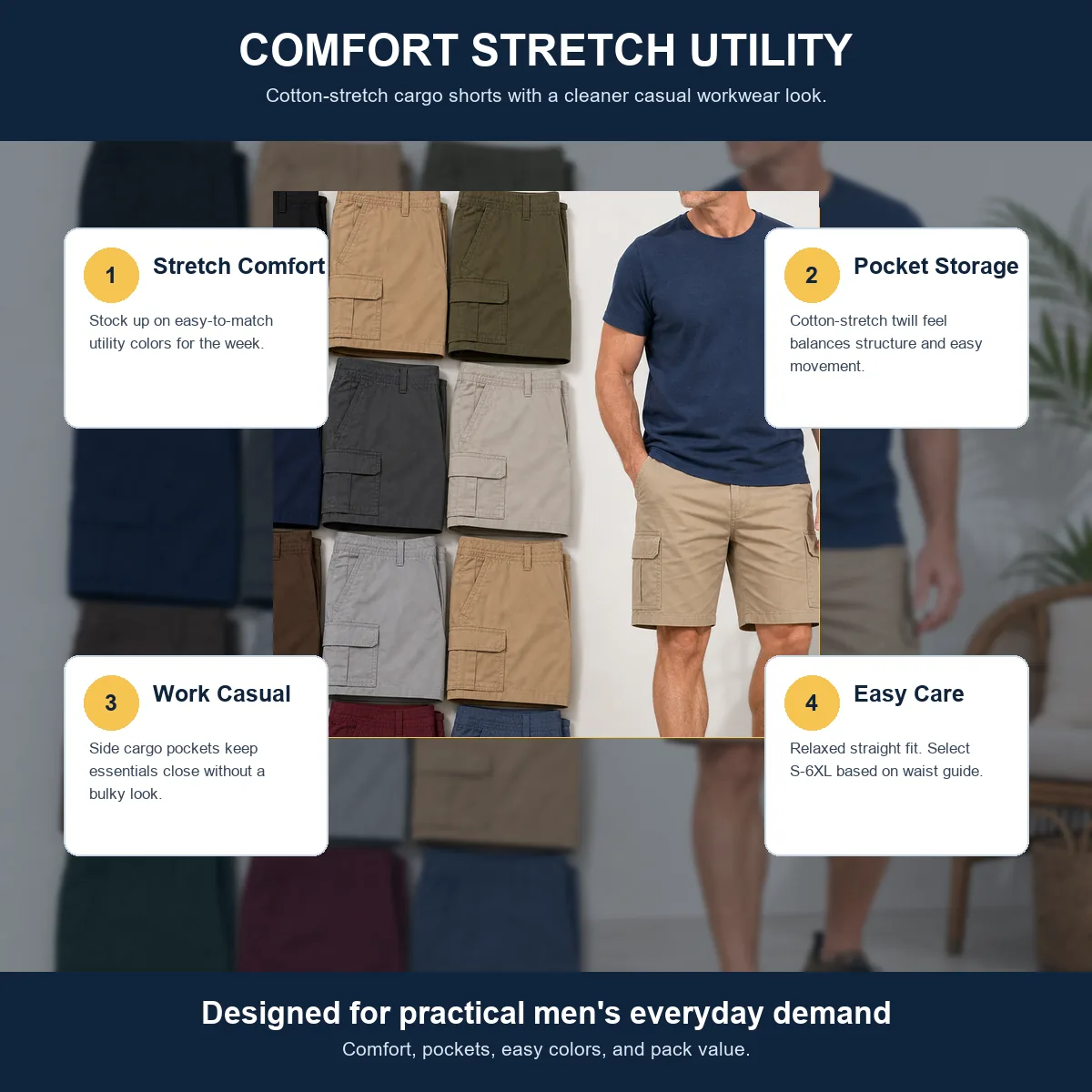 Men's Cotton Stretch Cargo Shorts Multi-Pack feature photo