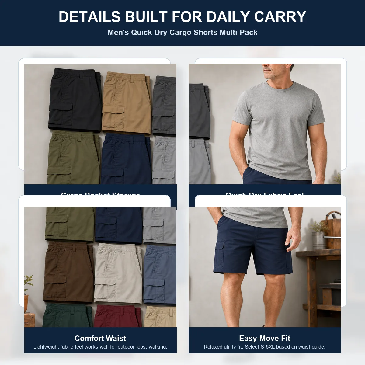 Men's Quick-Dry Cargo Shorts Multi-Pack detail photo