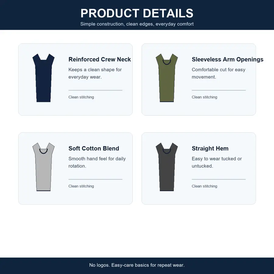 Sleeveless t-shirt product detail features