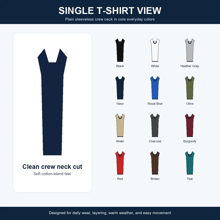 Single sleeveless t-shirt product view with color options