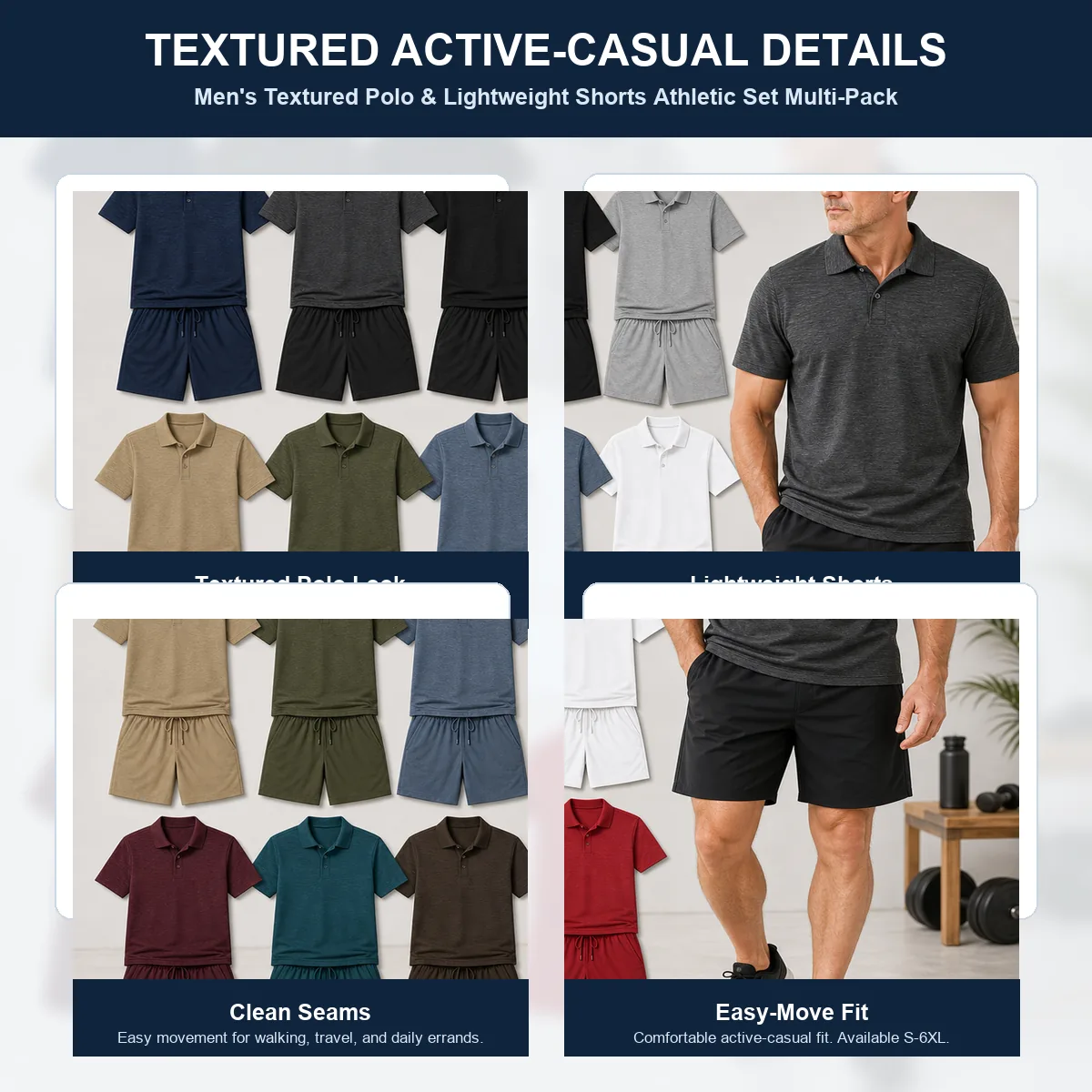 Men's Textured Polo & Lightweight Shorts Athletic Set Multi-Pack detail photo