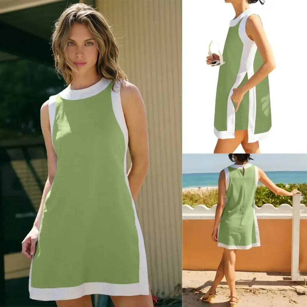 Women's color-blocked crew neck sleeveless pullover with shorts with pockets