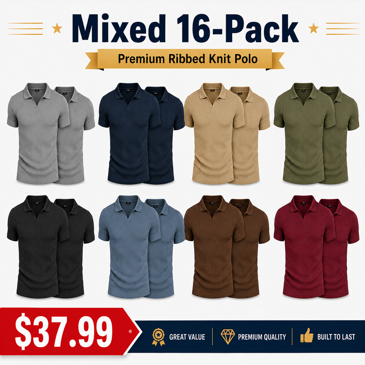 Mixed 16-Pack ribbed knit polo bundle for men