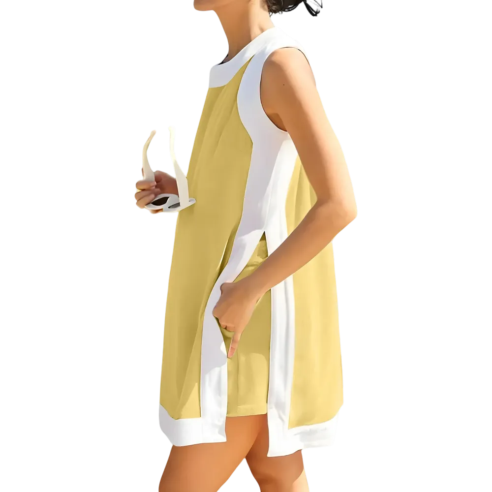 Women's color-blocked crew neck sleeveless pullover with shorts with pockets