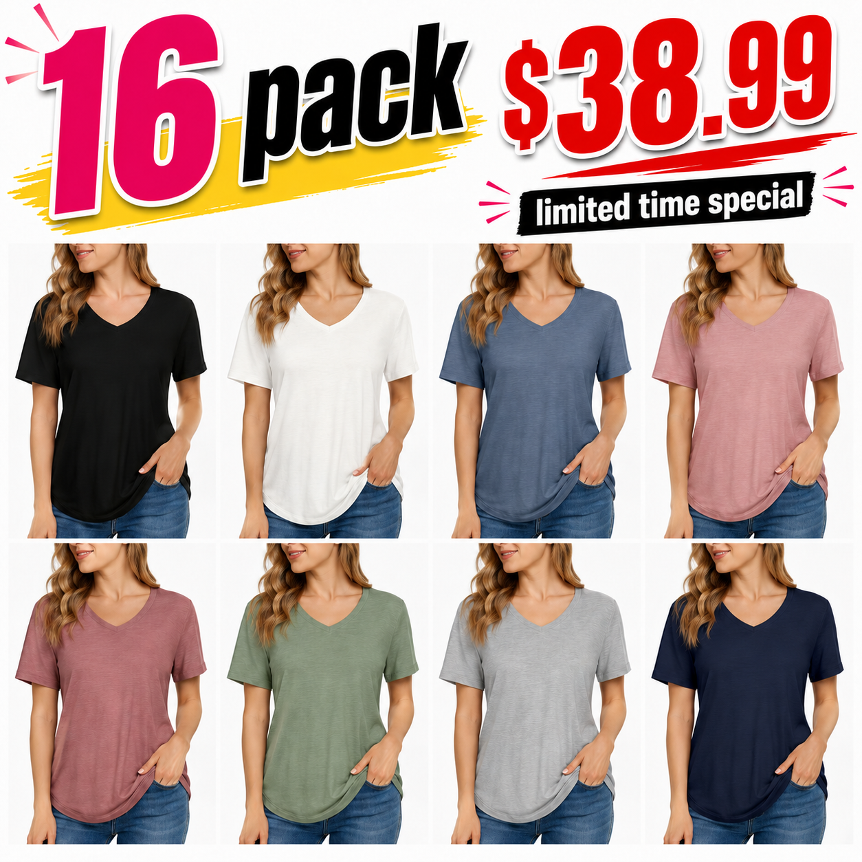 4 Pack V Neck T Shirts for Women Basic Tees Casual Short Sleeve Shirts Loose Fit Plus Size Tops Plain Summer Clothes