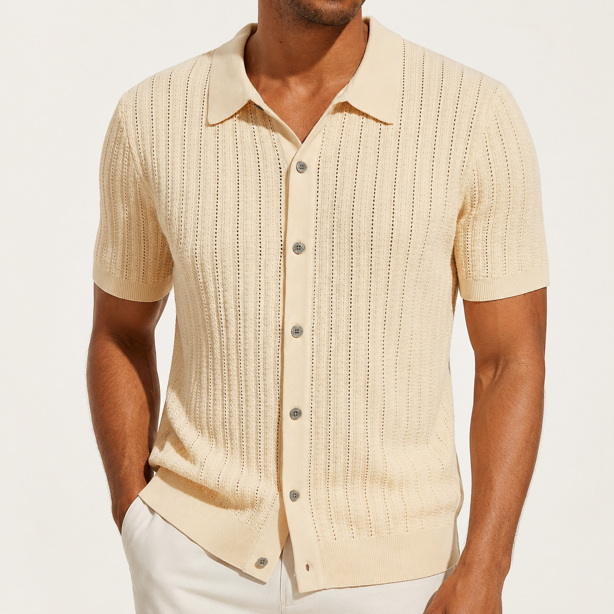 Butter Cream openwork knit button-up shirt front view