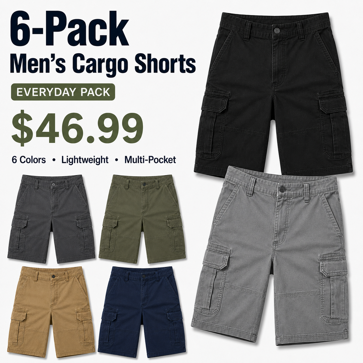 6-Pack Men's Lightweight Cargo Shorts
