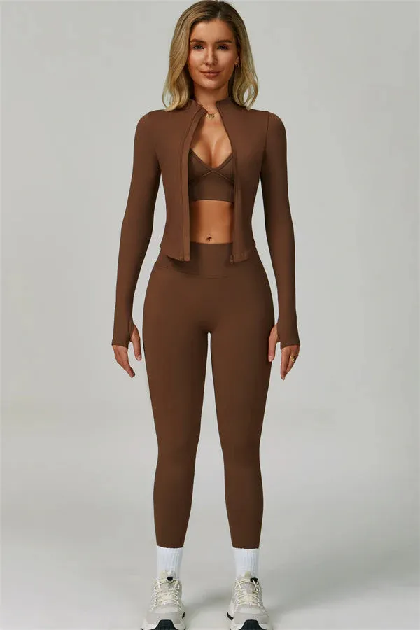 ⏰Limited-Time Sale💥Women's Solid Criss Cross Crop Tank Top & High Waist Leggings & Zip Up Crop Jacket Tracksuit Set