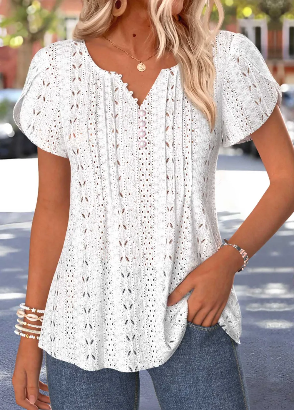 White Curved Hem Short Sleeve Split Neck T Shirt