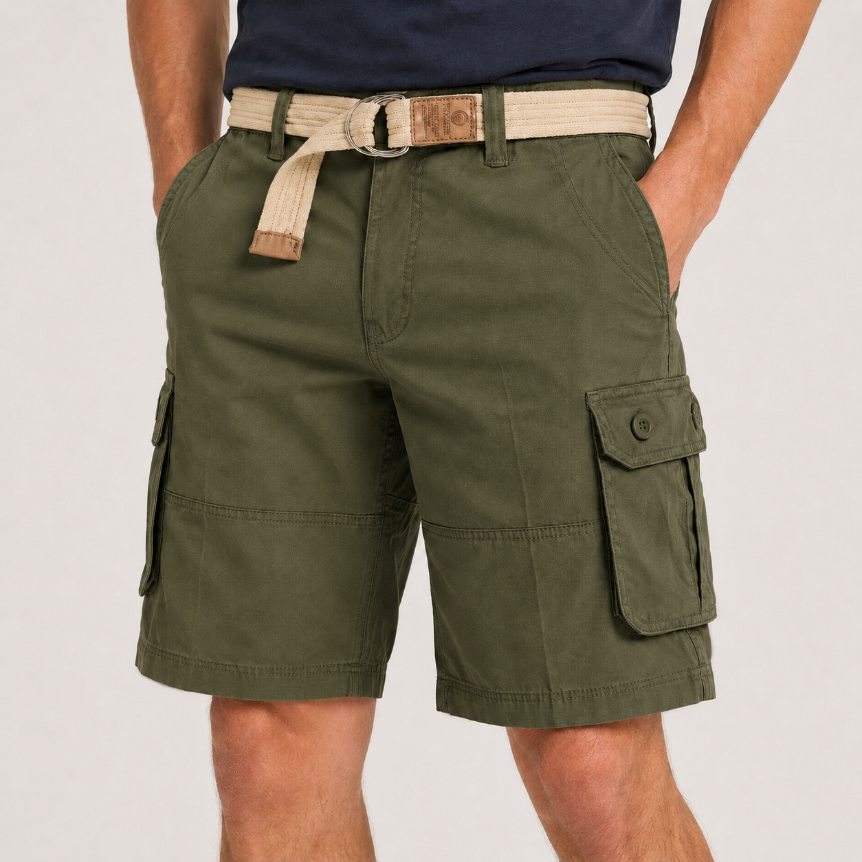 Olive Drab men's belted cargo shorts