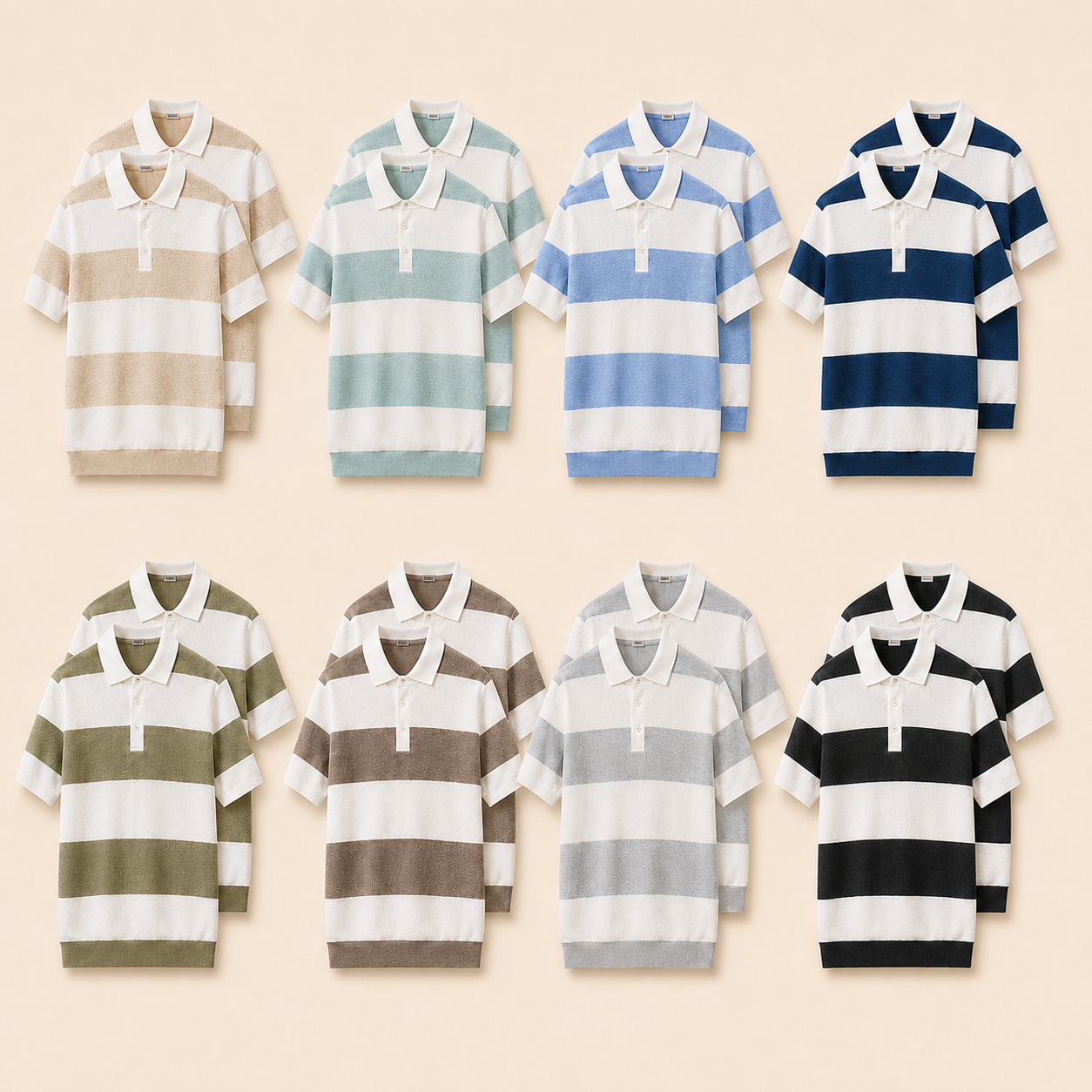 Men's Striped Ribbed Knit Polo Shirt Set