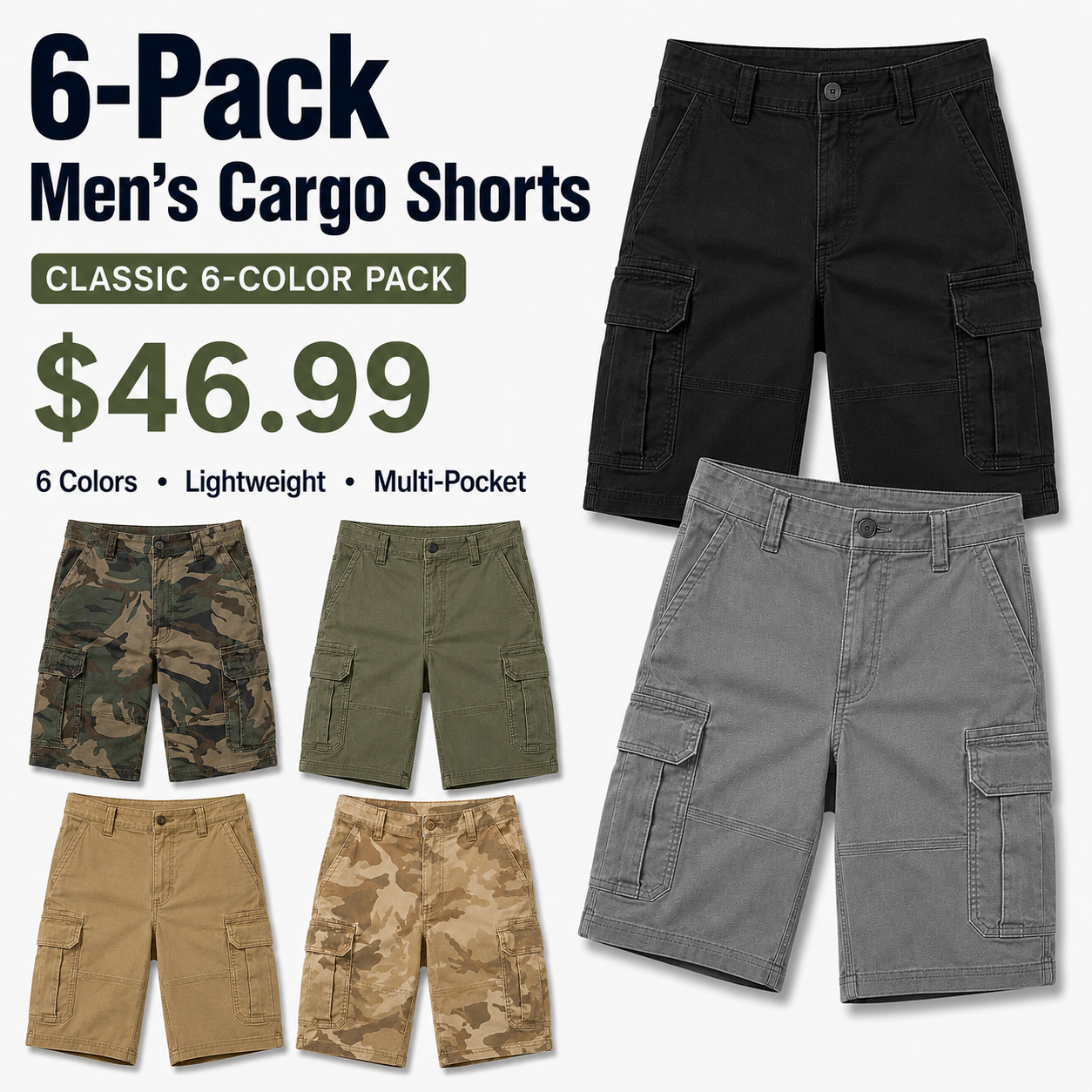 6-Pack Men's Lightweight Cargo Shorts
