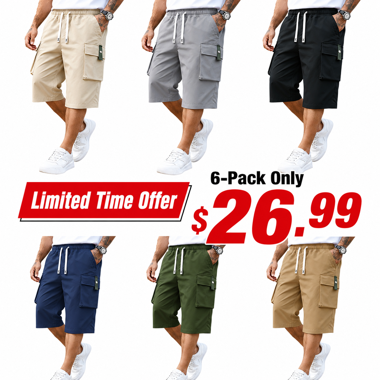 Men’s Plus Size Cargo Shorts, 3-Pack — elastic waistband design, multiple pockets, letter embroidery decoration, regular fit with a mid-rise waist, non-stretch fabric suitable for everyday wear and casual activities, non-see-through fabric