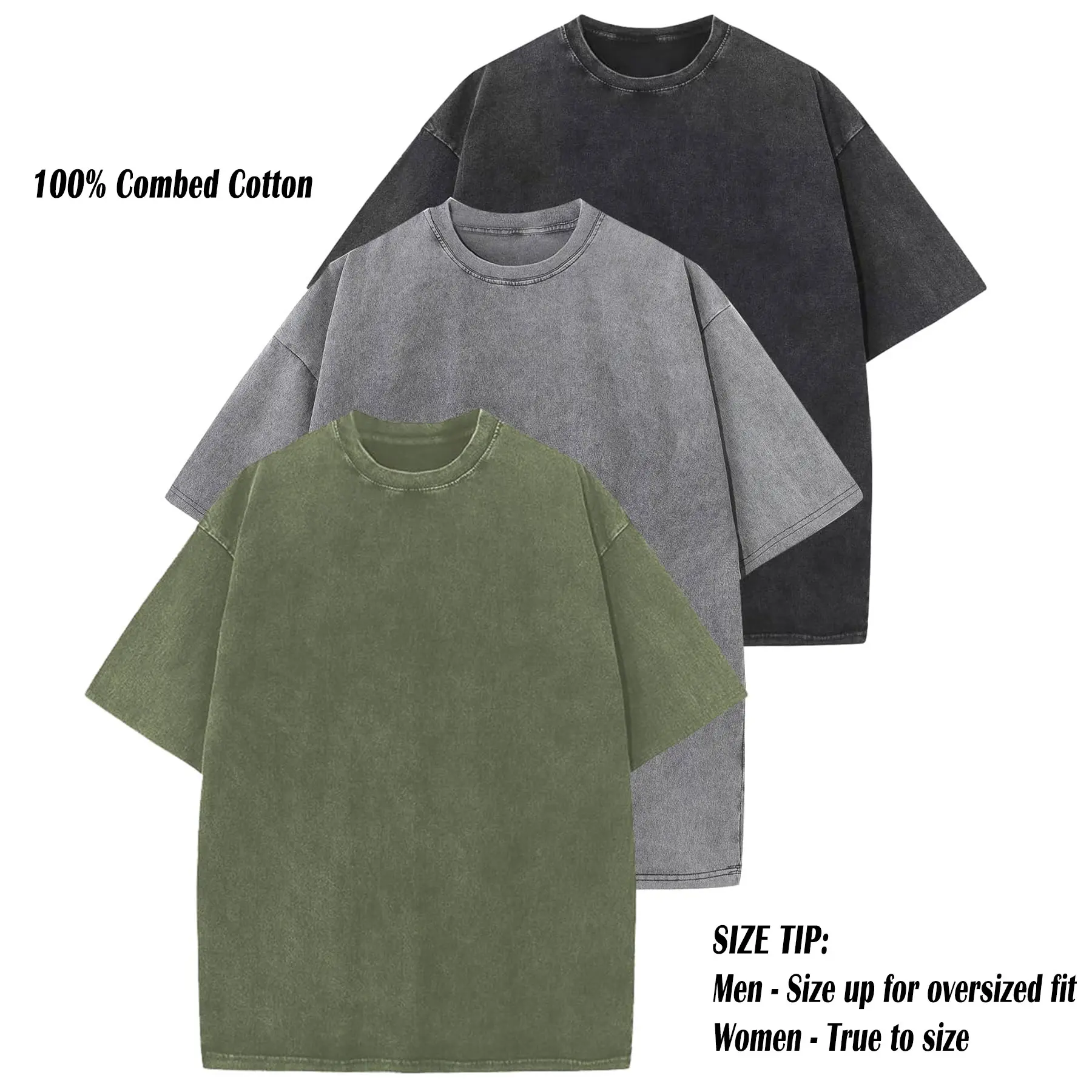 ARSSM 3 Pack Acid Wash Unisex Oversized Cotton T-Shirt Crew Neck Half Short Sleeve Summer Top Casual Loose Fit Solid Streetwear Comfortable Tees Basic Womenswear Shortsleeve Tshirt