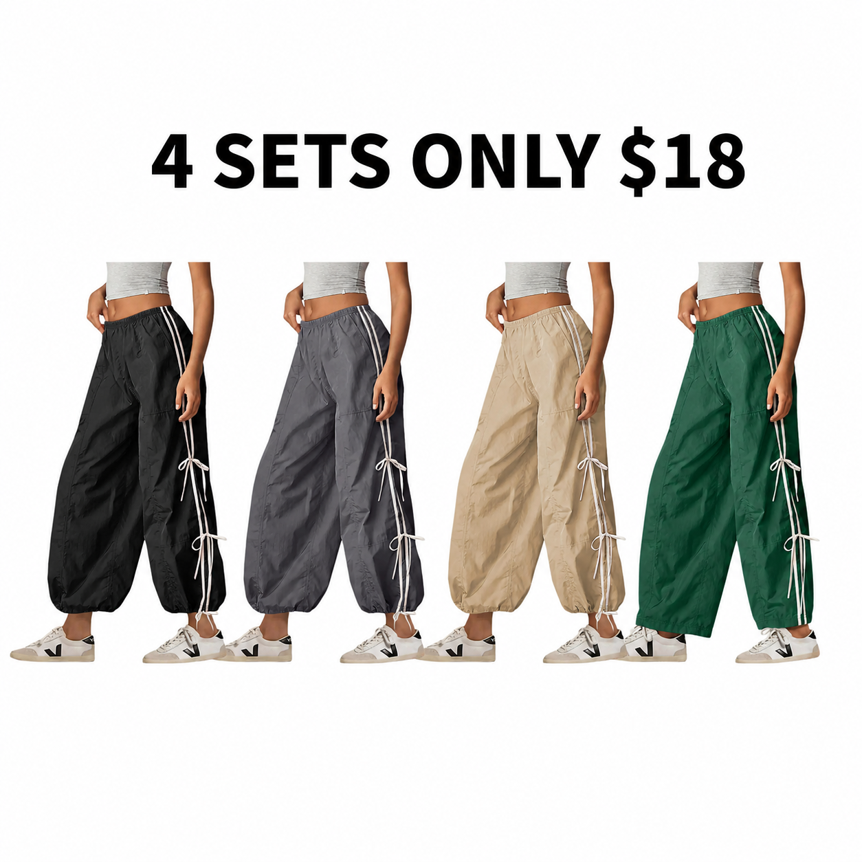 Women Elastic High Waist Cargo Pants with Adjustable Cuffs