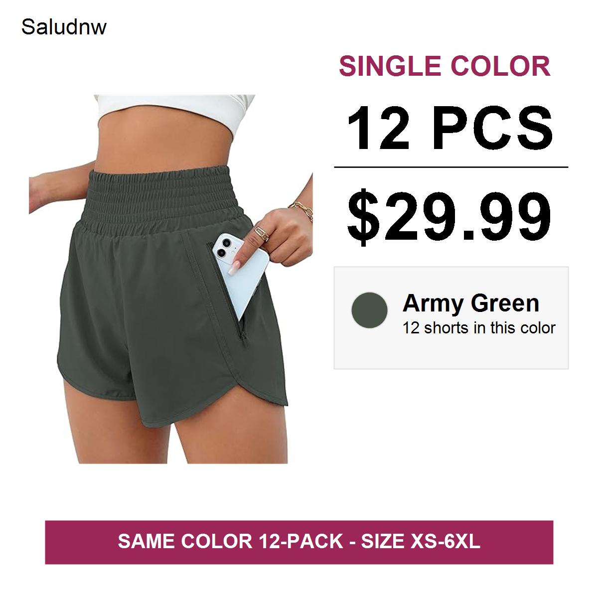 Single-color 12 pcs $29.99 women's athletic shorts - Army Green