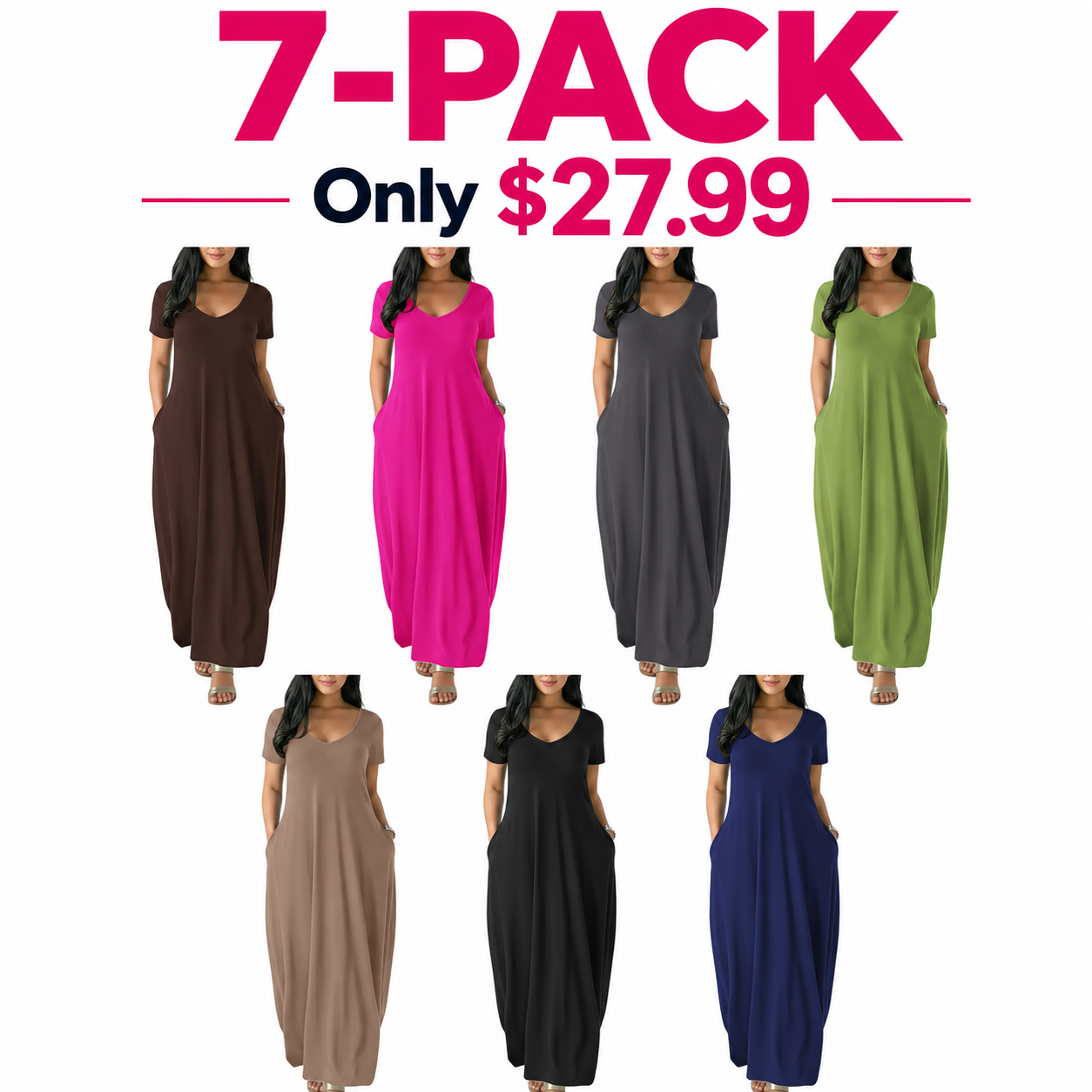 Women's Long Loungewear Dress, Casual Fitted Style, Large Round Neck Short Sleeve Pocket Sleepwear, Soft Fabric Everyday All Seasons Wear