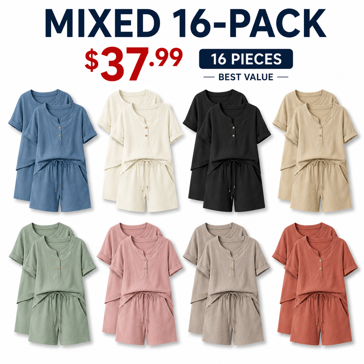 Mixed 16-Pack women's relaxed top and shorts set