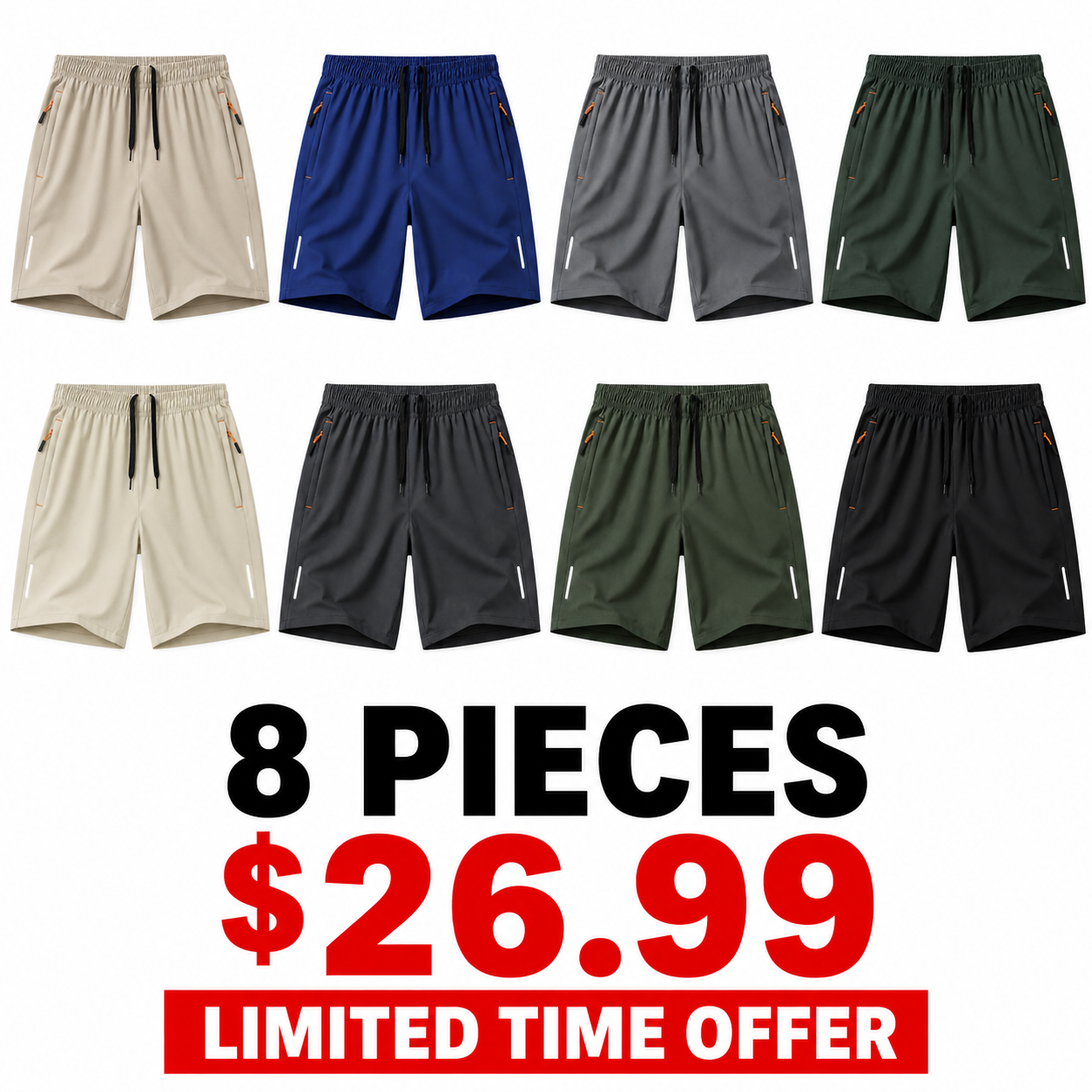 Men's 10-Pack Quick-Dry Slim-Fit Solid Color Athleisure Athletic Shorts, Breathable Mens Bottoms with Zippered Pockets, Drawstring Waist, Multi-Size, Suitable for Gym & Outdoor Wear