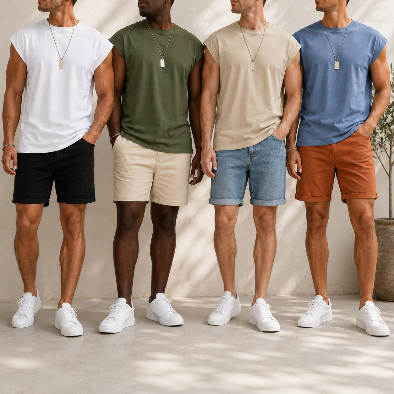 Four men wearing assorted sleeveless crew neck muscle tees