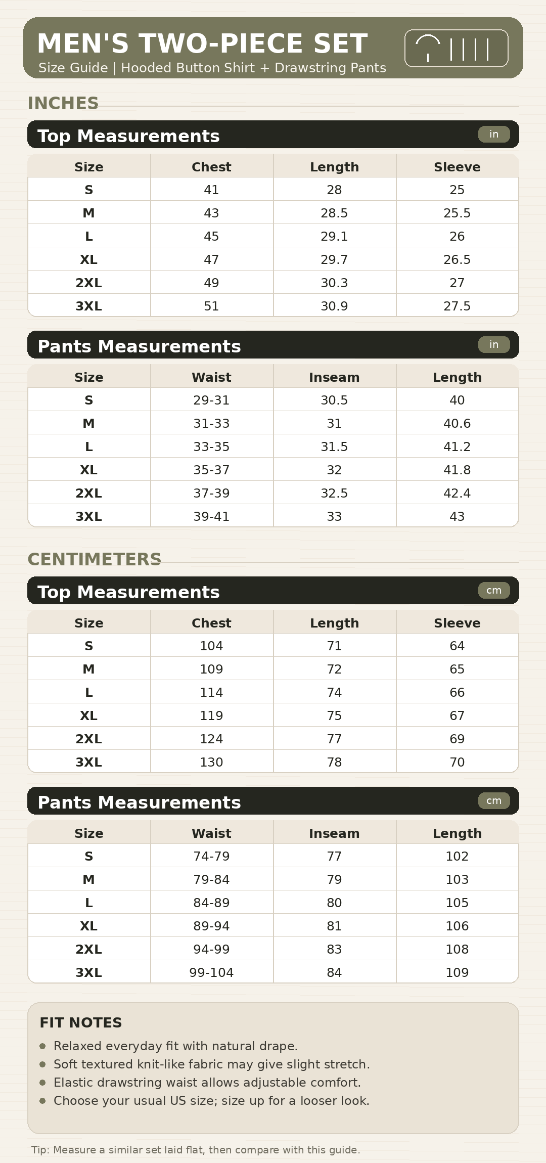 Men's two piece set size chart