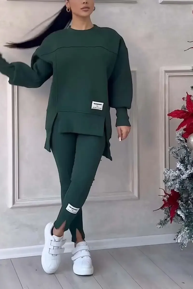 ⏰Winter Clearance Sale - 80% Off 🔥Women's Casual Solid Color Round Neck Long Sleeve Slit Hem Sweatshirt Leggings Set