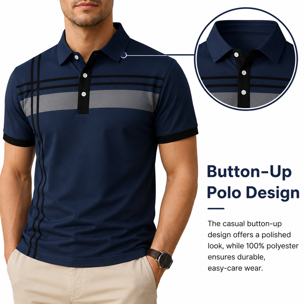 🎉Men's Striped Print Short Sleeve Polo Shirt, Regular Fit Trendy Casual Buttons Collared Top for Summer, Men's Clothes for Daily Wear, Printed Polo Shirts, Summer Polos🔥