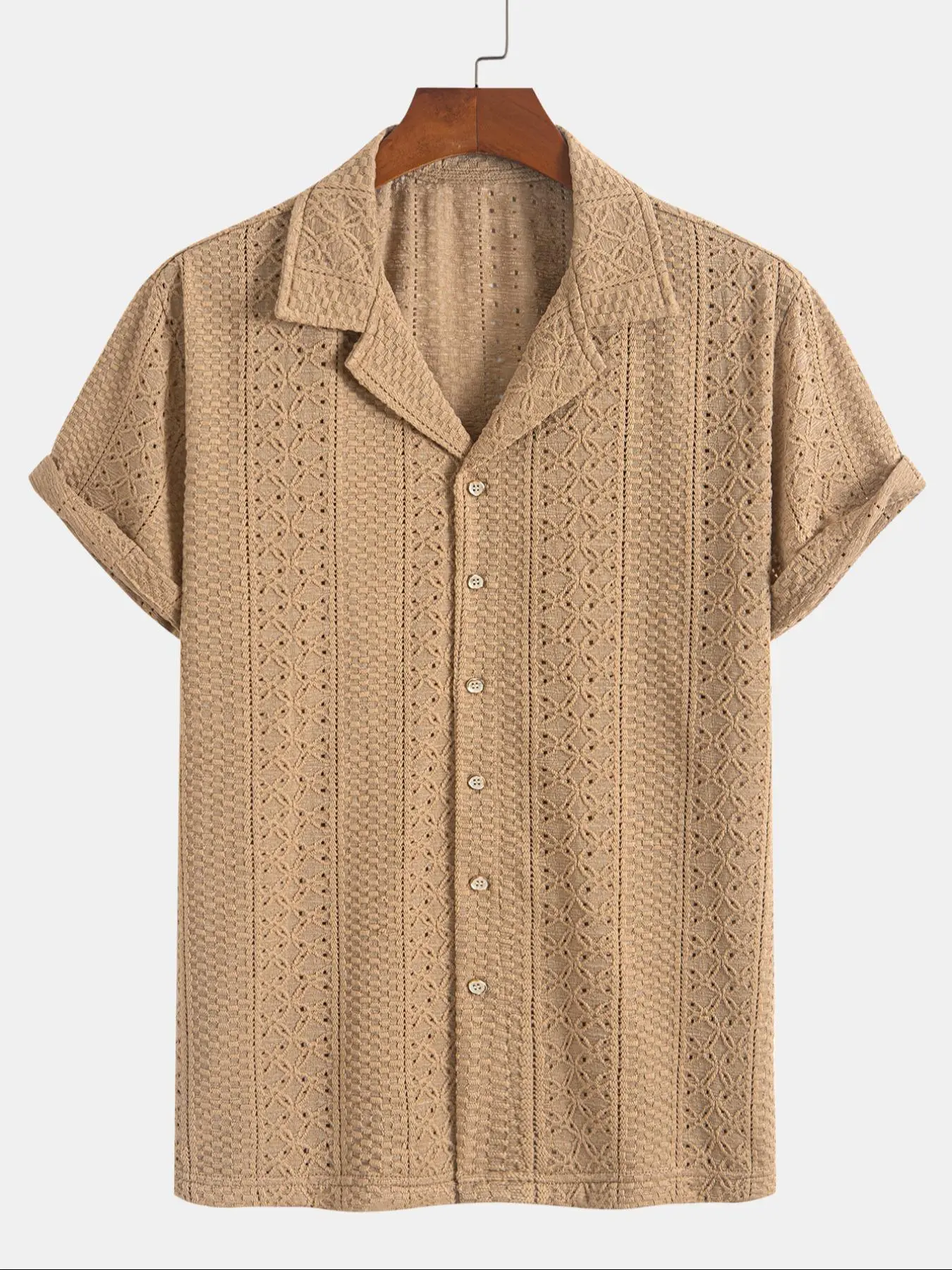 Men's Geometric Jacquard Short Sleeve Casual Shirt, Loose Breathable Relaxed Fit Casual Comfy Breathable Top for Summer