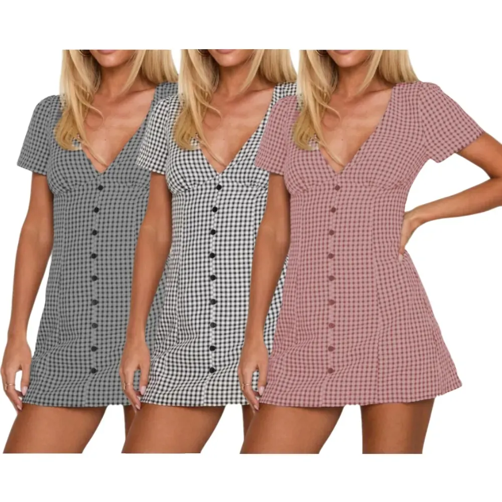 Women's Plaid Print Button Decor V Neck Shortsleeve