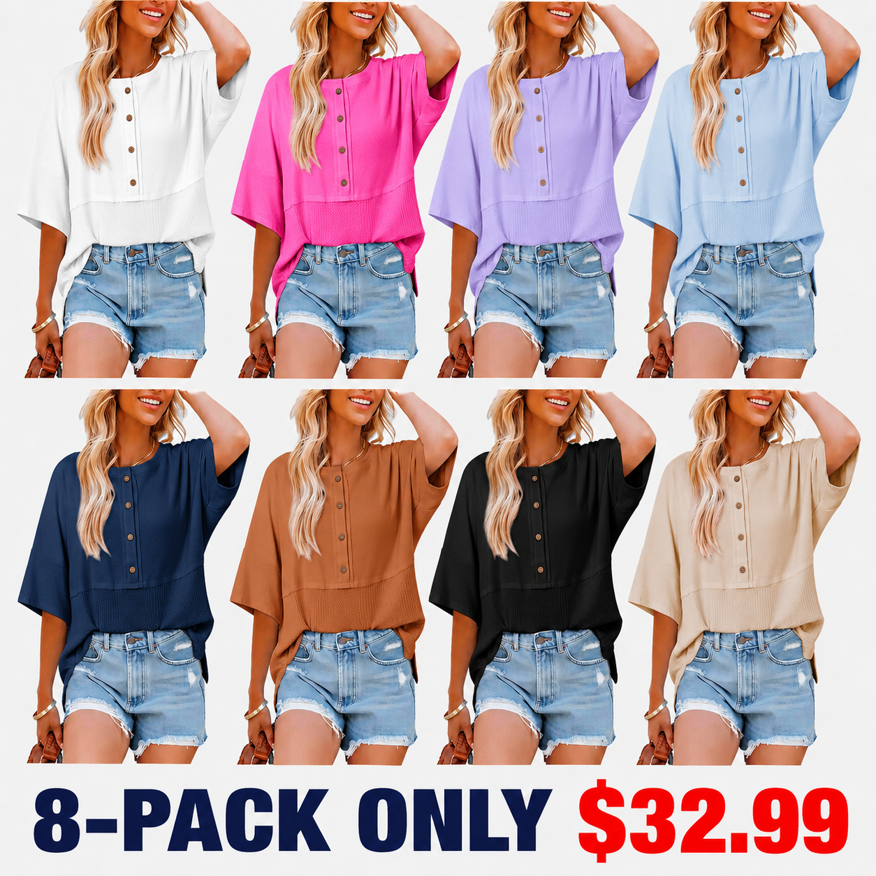 Womens Waffle Knit Tops 3/4 Sleeve Casual Button Down Shirts Crew Neck Oversized Patchwork Blouses
