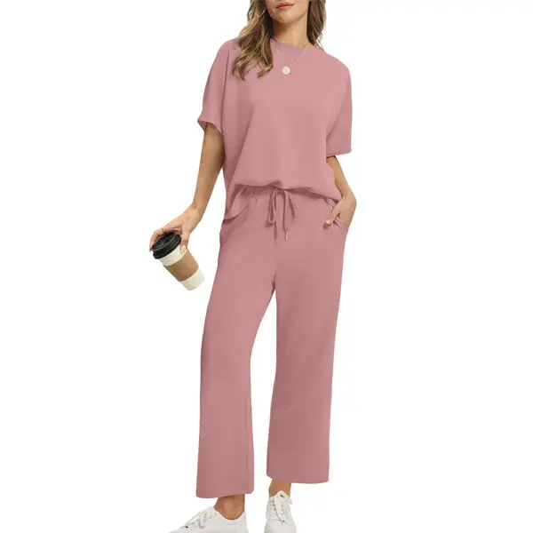 Two Piece Sets for Women Summer Outfits Oversized Wide Leg Crop Pants Lounge Sets Airport Beach Vacation Clothes |(Size Up 1-2 for Oversized Look) Casual Shortsleeve