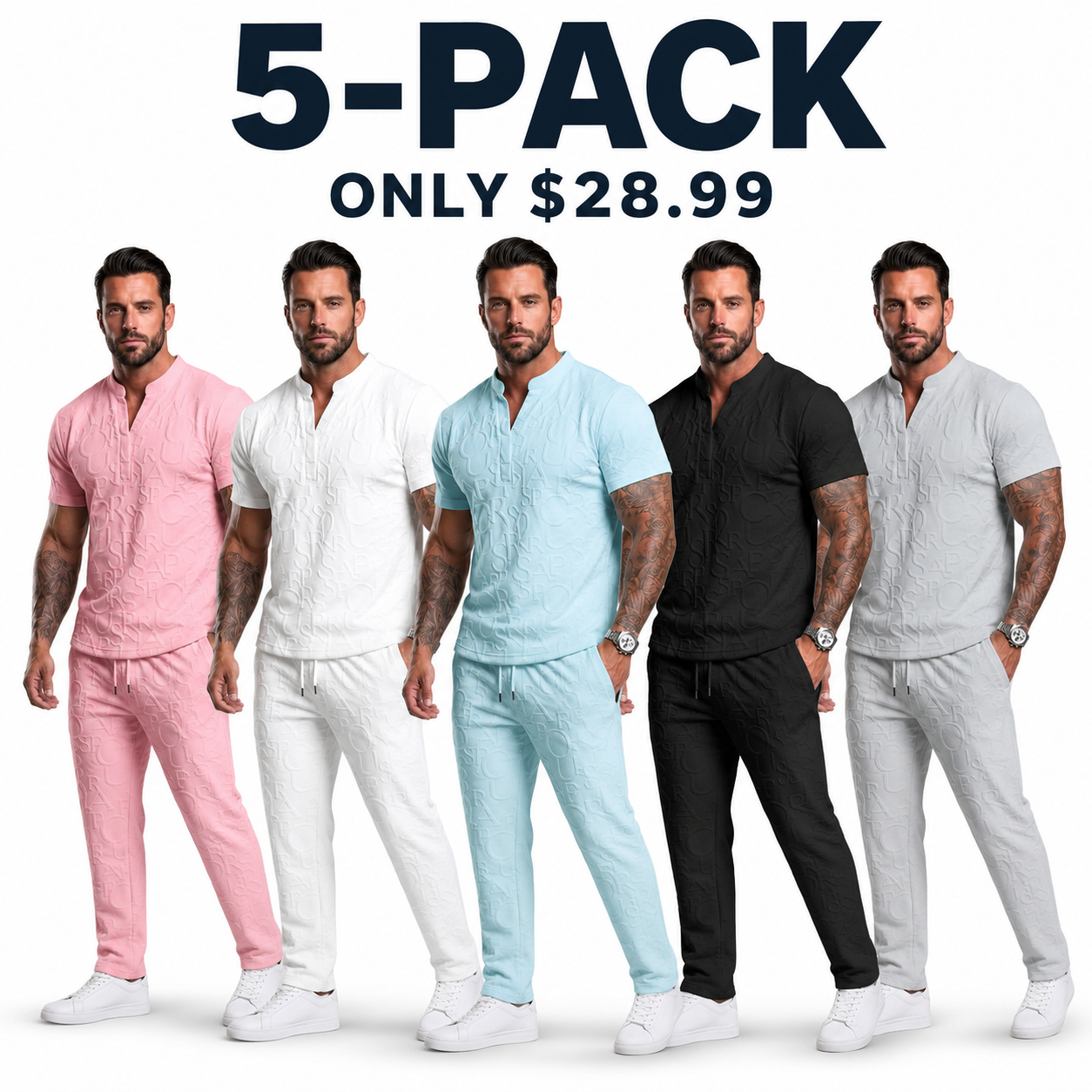 Men’s Textured Letter Embossed 2-Piece Casual Set – Short Sleeve Notch Neck Shirt & Drawstring Pants 5-Pack