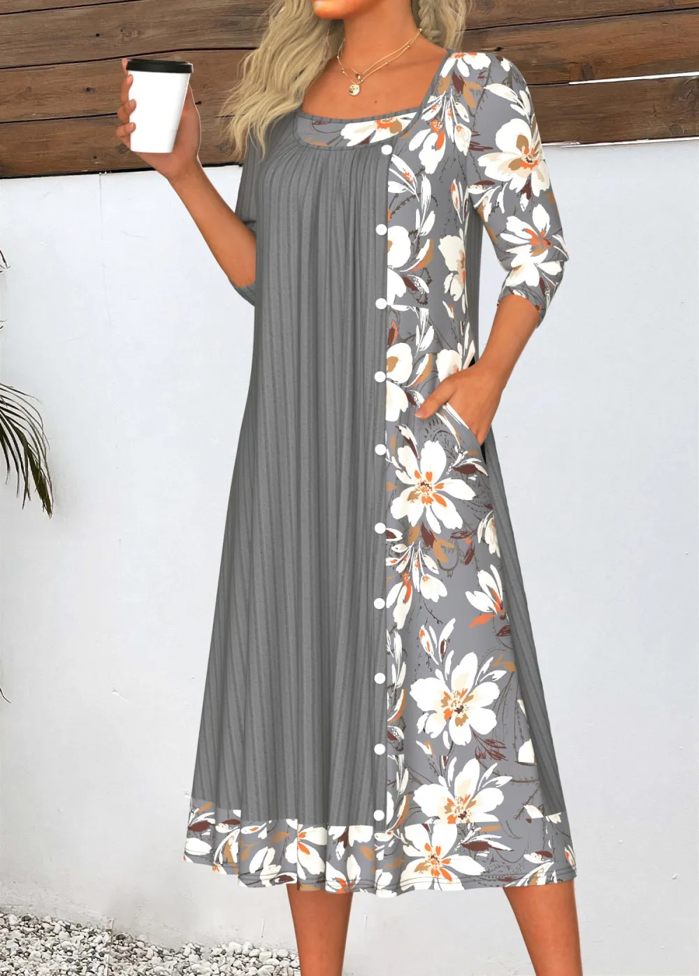 Light Blue Patchwork A Line 3/4 Sleeve Dress