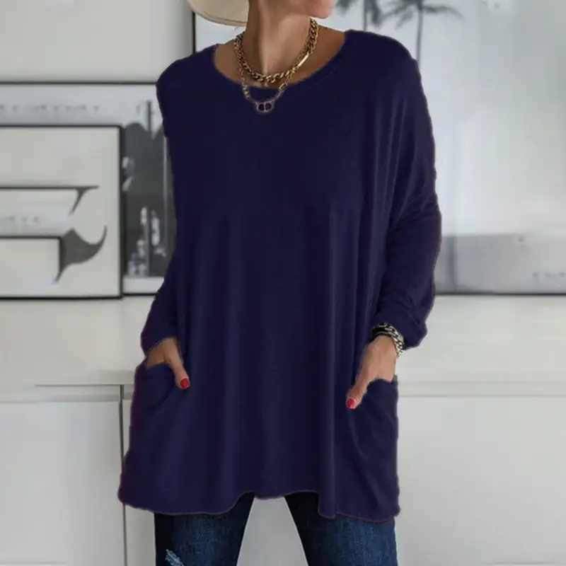 2026 Spring Summer New Round Neck Long Sleeve Pocket Solid T-Shirt