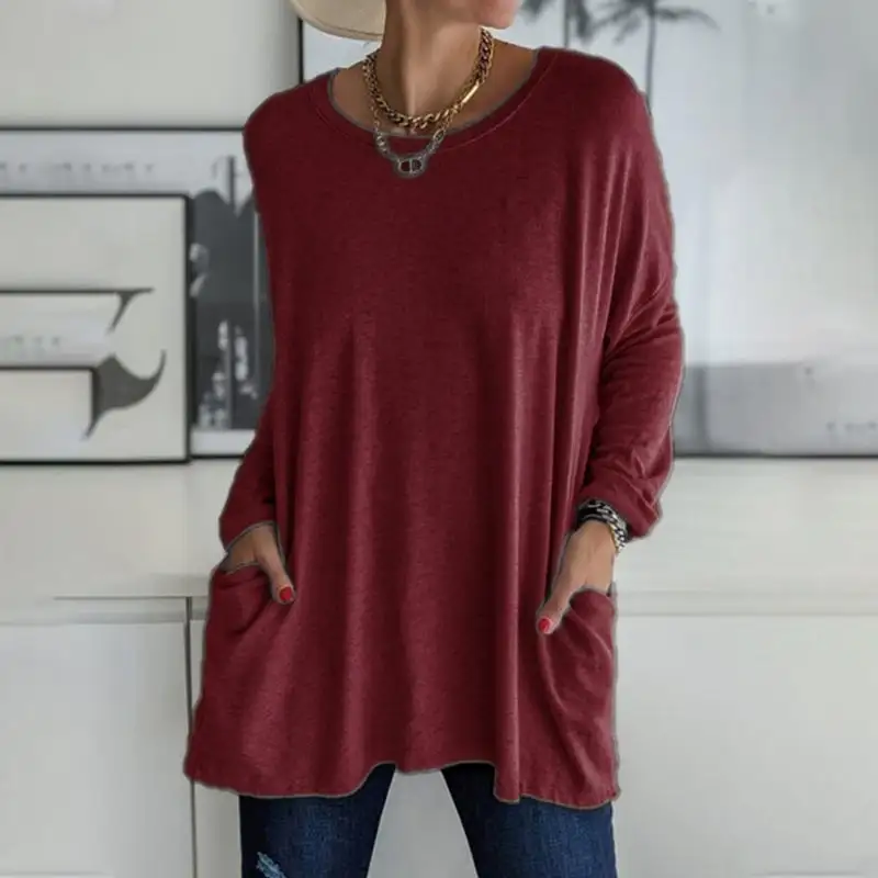 2026 Spring Summer New Round Neck Long Sleeve Pocket Solid T-Shirt