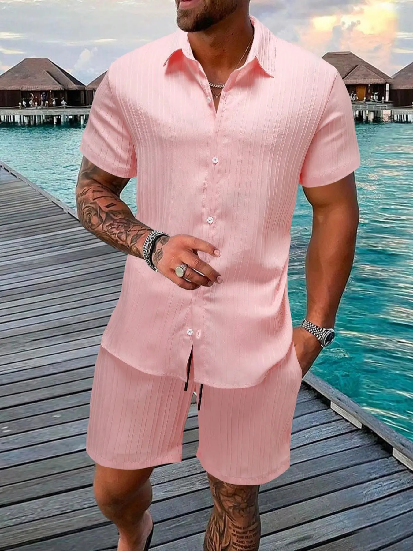 Men's Regular Fit Short Sleeve Shirt & Shorts Set ((8-Pack)