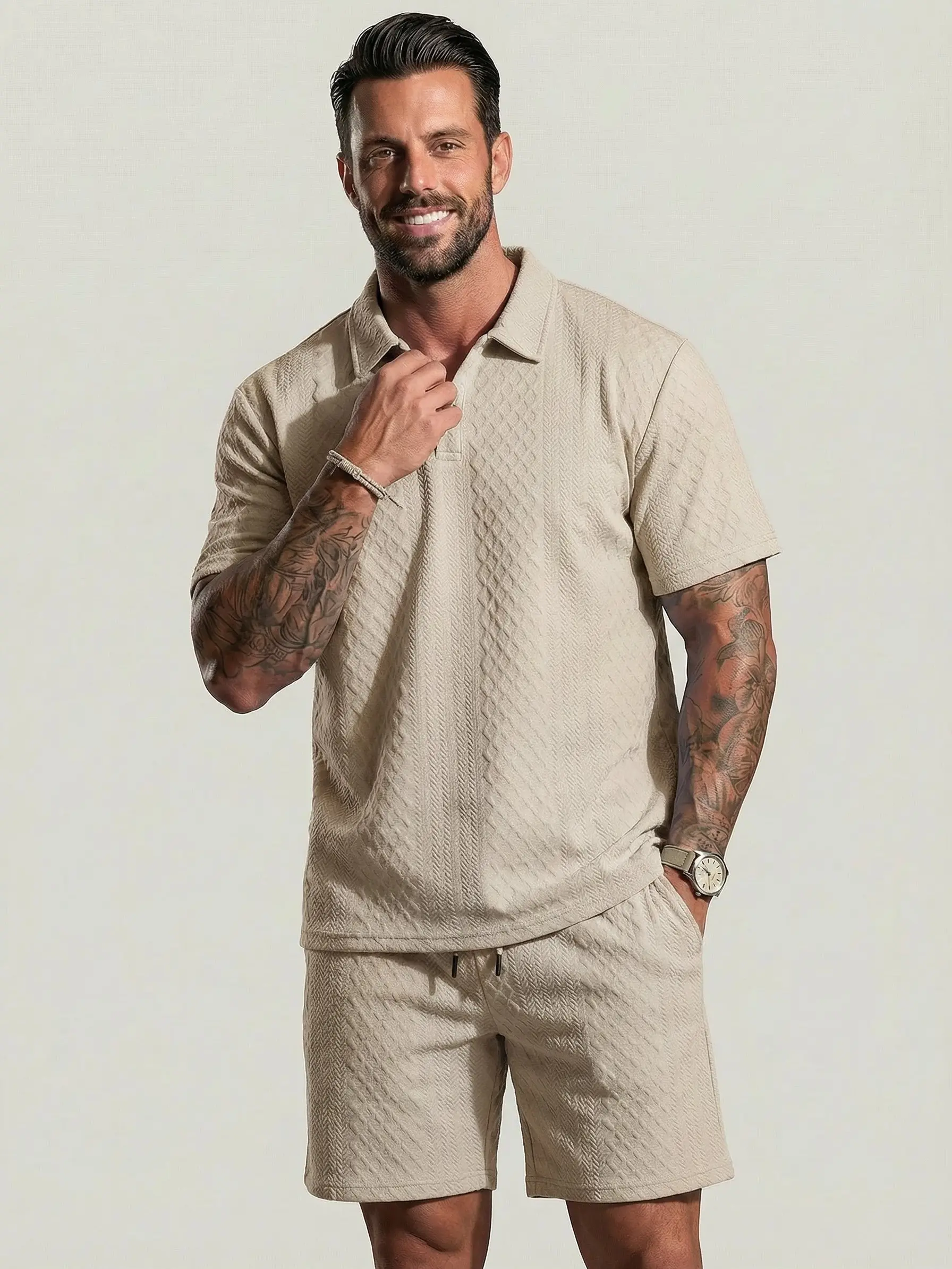 Men's Solid Polo Shirt & Drawstring Waist Shorts Set Cozy Breathable Two-piece Outfits for Daily Outdoor Wear Menswear Suits
