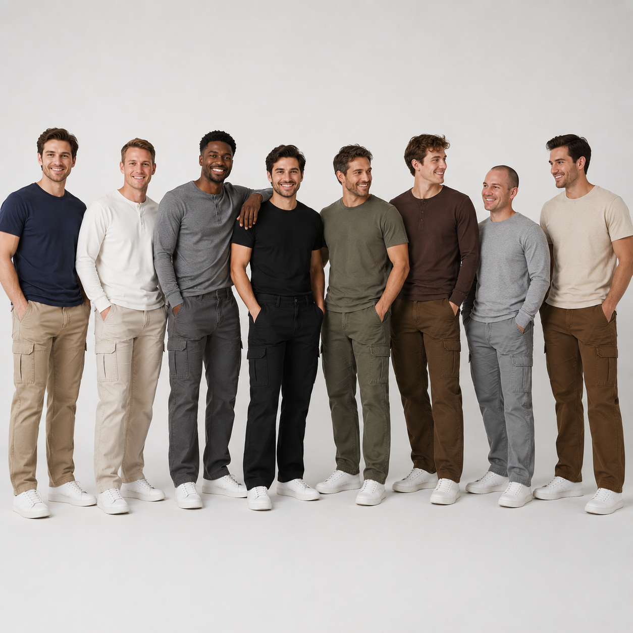 Eight adult men wearing mixed cargo pants colors