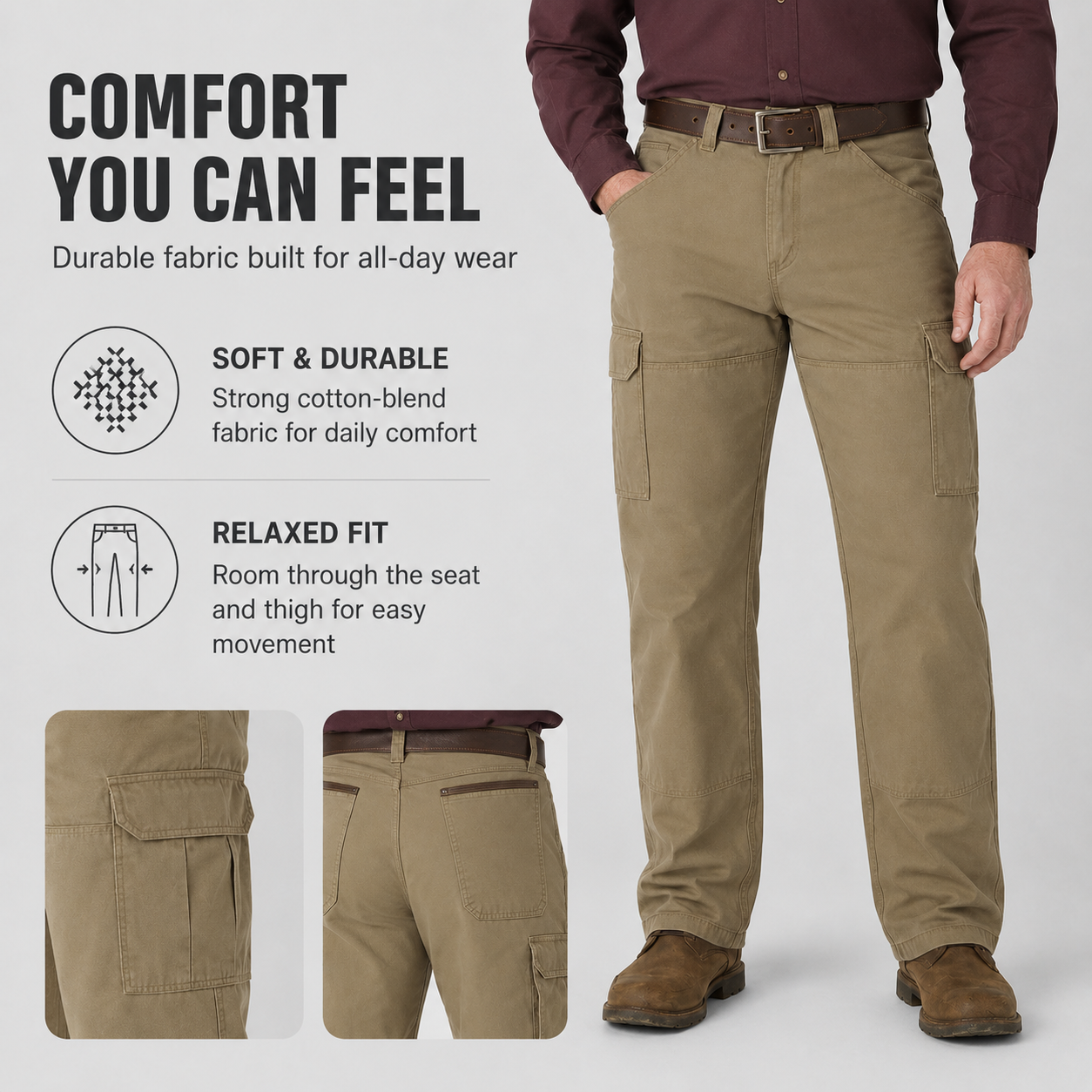 Cargo pants soft durable fabric relaxed fit and pocket details