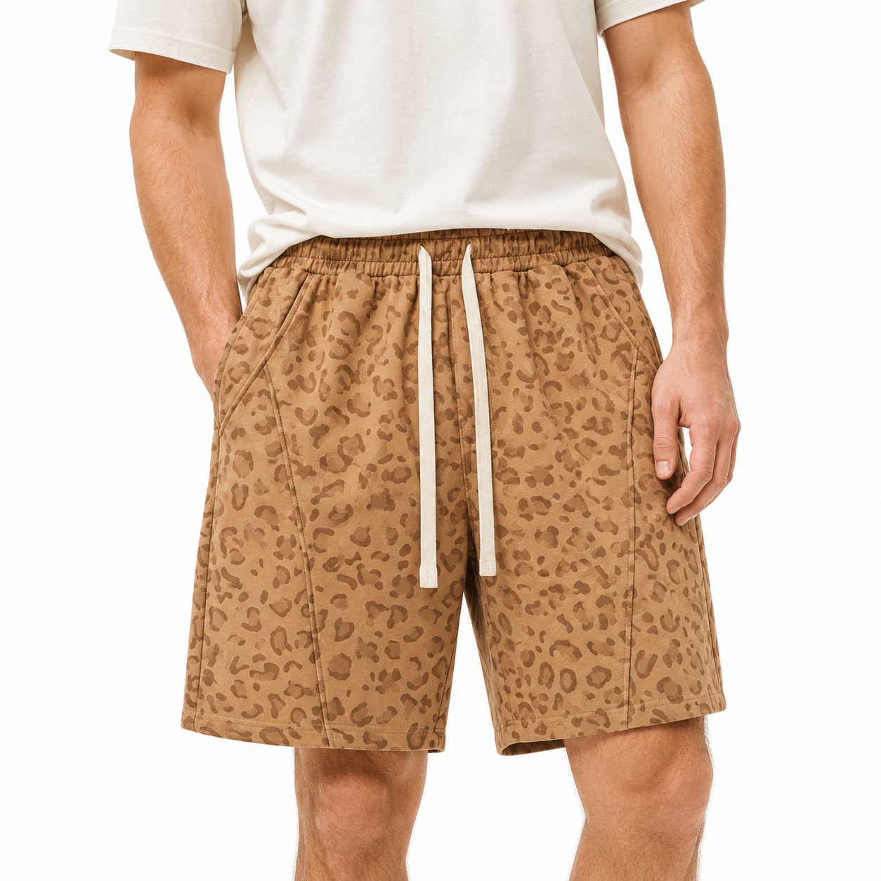 Brown leopard men's casual shorts front view