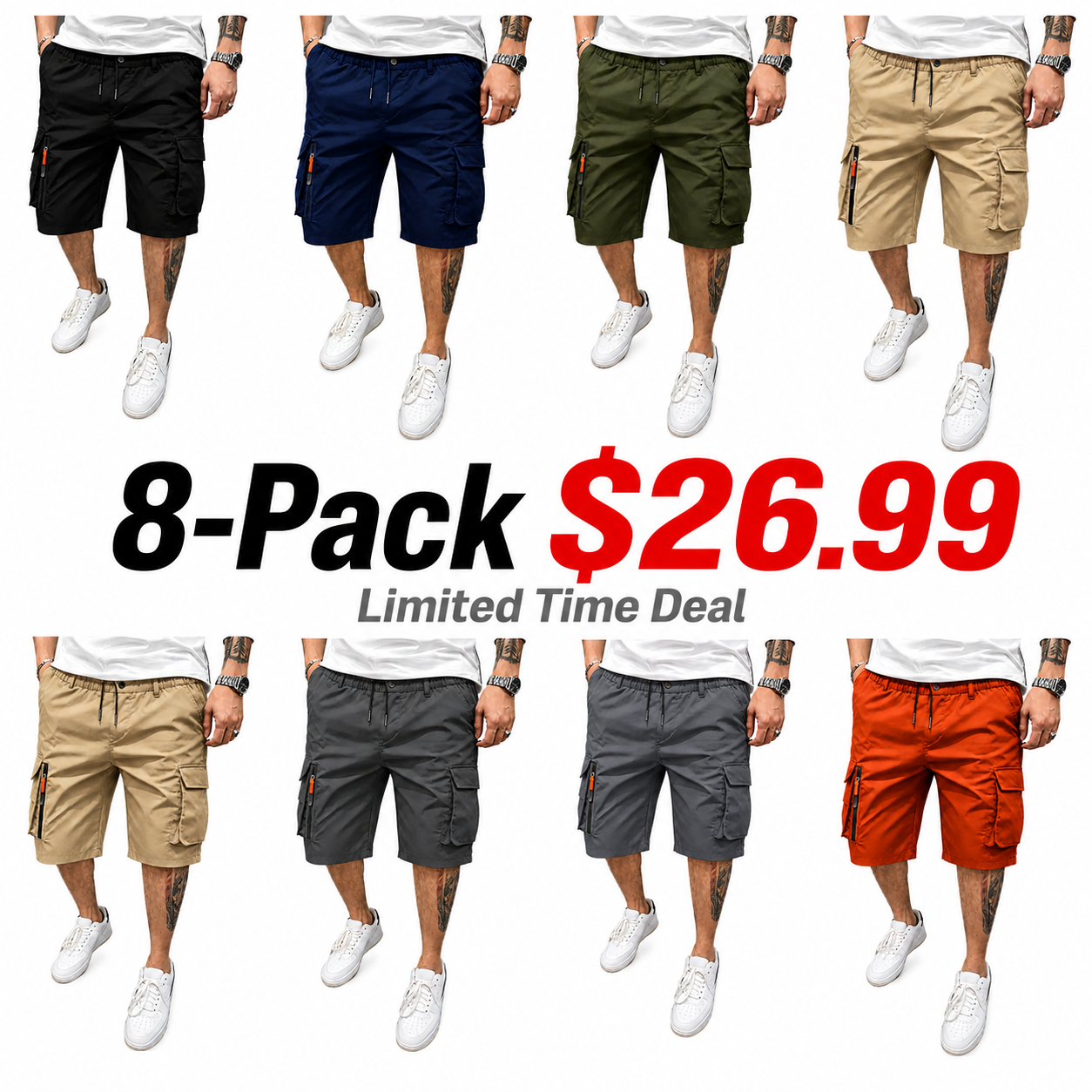 Men's Athleisure Cargo Shorts (8-Pack) — Multi-pocket design, elastic drawstring waistband, decorative faux fly; suitable for outdoor hiking, daily running, and commuting.