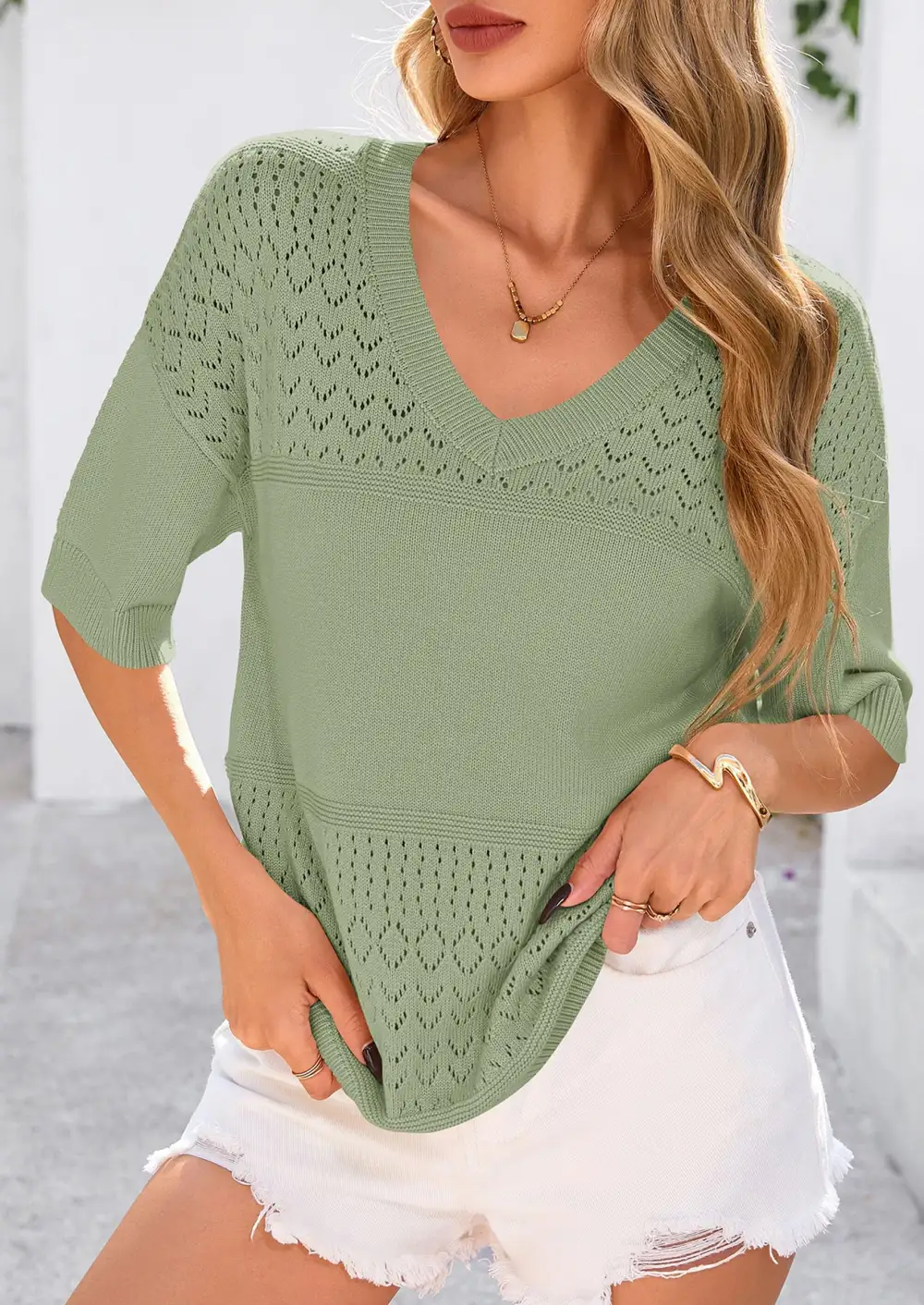 Women's ShortSleeve Sweater Tops SpringSummer Casual V Neck Ribbed KnitTrendy Eyelet Blouse T Shirts